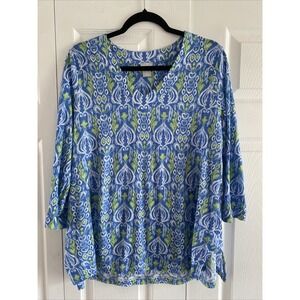 Chicos 2 Womens Large Blue Linen V Neck 3/4 Sleeve Balloon Geometric Lightweight
